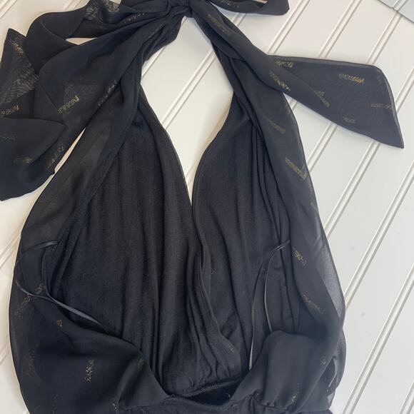 Express Deep V Chiffon Metallic Bodysuit Sz XS Black Gold - Picture 7 of 9